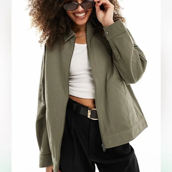 NWT ASOS DESIGN twill harrington shacket khaki green army green jacket - Picture 1 of 4